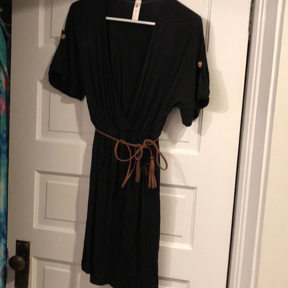 Deep V Black dress with brown belt size small